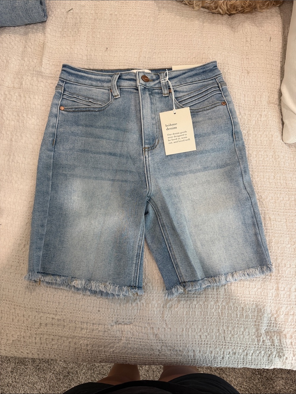 bohme Light Blue Frayed-Hem Denim Bermuda Shorts